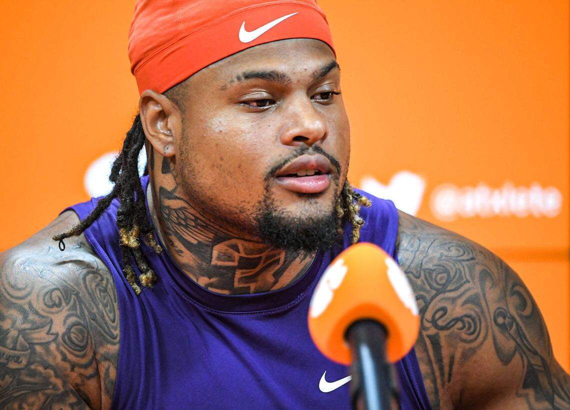Clemson defensive end Xavier Thomas talks with media during a press conference in the Smart Family Media Center at the Allen N. Reeves football complex in Clemson, S.C. Monday, August 7, 2023.