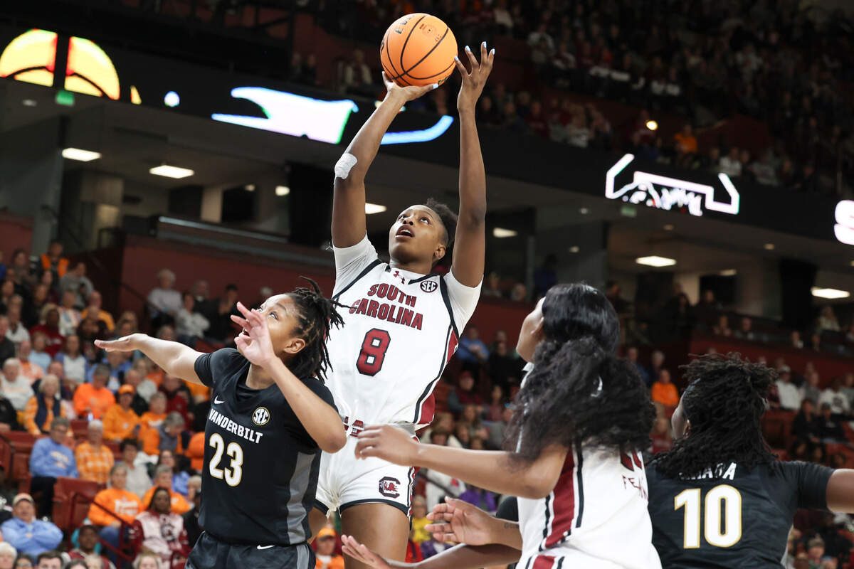 University of South Carolina’s Joyce Edwards (8) shoots over Vanderbilt’s Iyana Moore (23) during the first half of action in the SEC Tournament at the Bon Secours Wellness Arena in Greenville on Friday, Mar. 7, 2025.