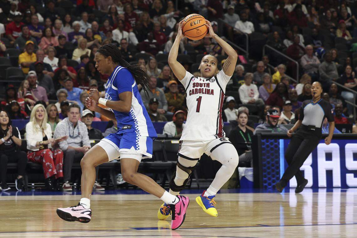 South Carolina's Maddy McDaniel (1) looks to pass as Kentucky’s Teonni Key (7) defends during the first half of action of their women's basketball game in the SEC Tournament, against Kentucky at the Bon Secours Wellness Arena on Friday, March 6, 2026.