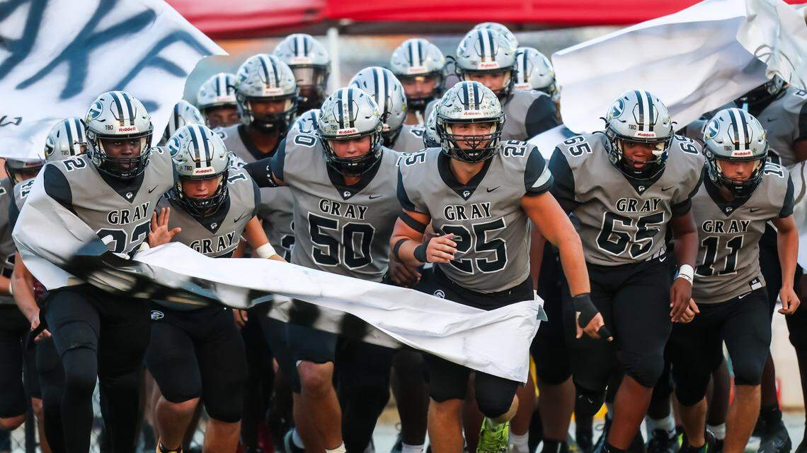 Gray Collegiate War Eagles make their entrance before the game against the Camden Bulldogs at Gray Collegiate Academy in West Columbia, SC, Friday, September 8, 2023.