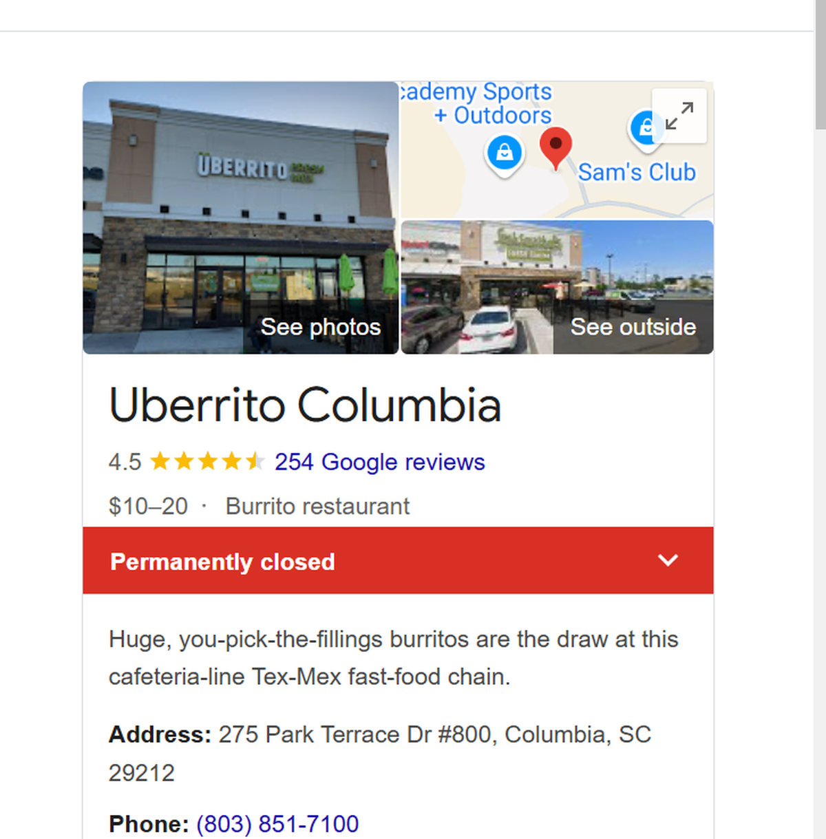 A Google listing for Uberrito in Columbia, SC lists the location as “permanently closed.”