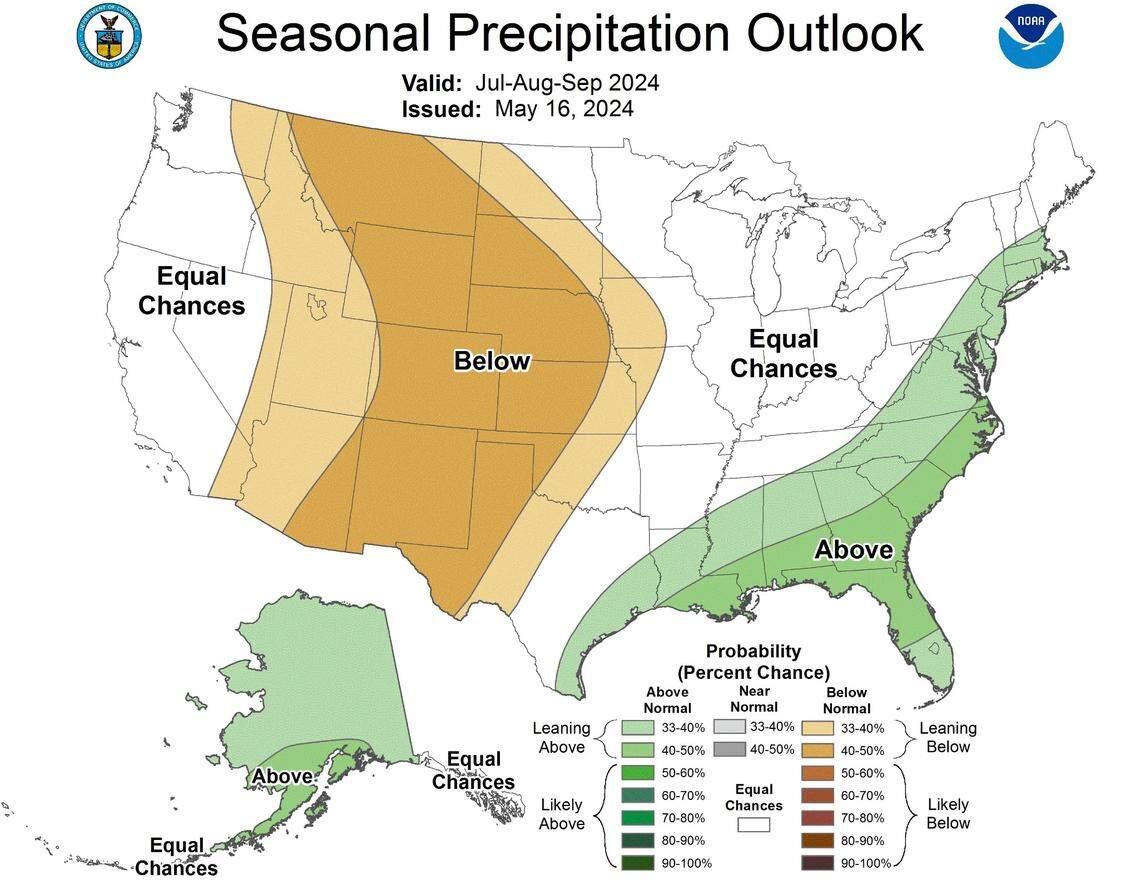 A U.S. map that shows seasonal rainfall predictions from July through September.