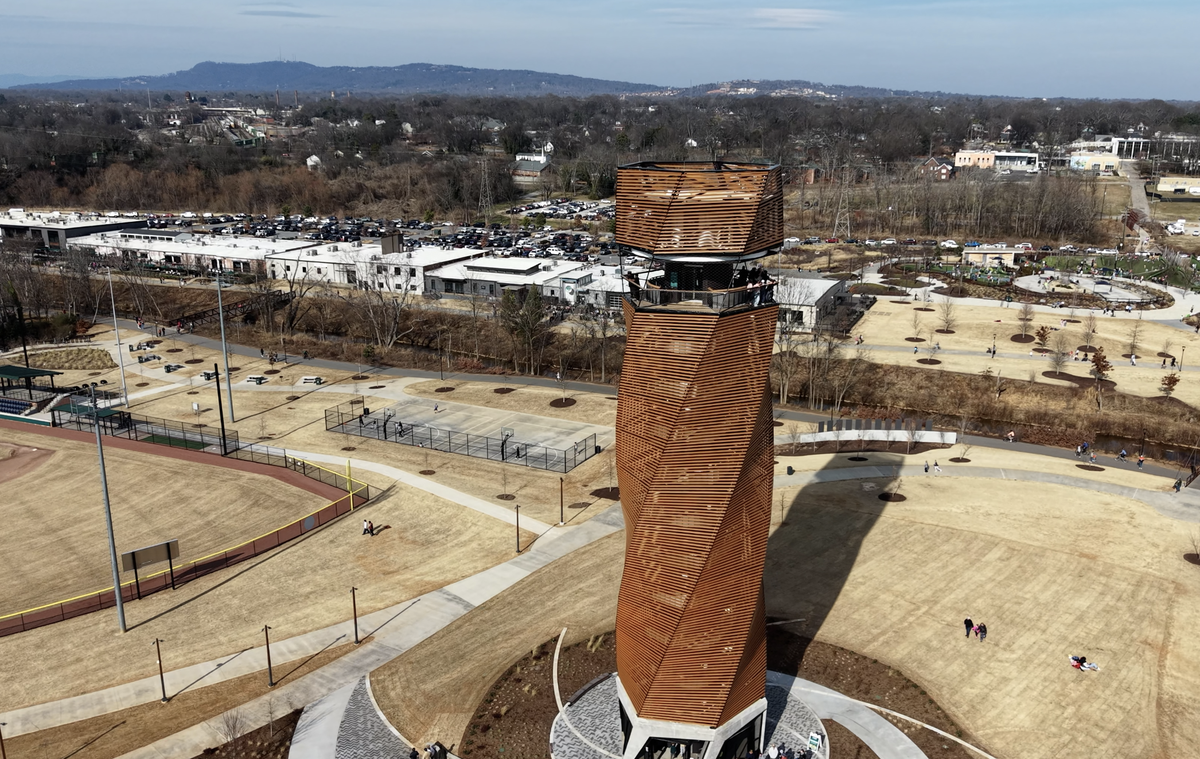 Greenville’s newest Park, Unity, includes a 10-story tower from which you can see downtown Greenville and the Blue Ridge Mountains.