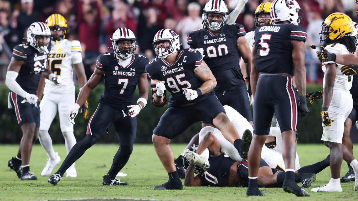 South Carolina defensive tackle Alex Huntley (95) reacts following a stop during the Gamecocks’ game against Missouri at Williams-Brice Stadium in Columbia on Saturday, November 16, 2024.