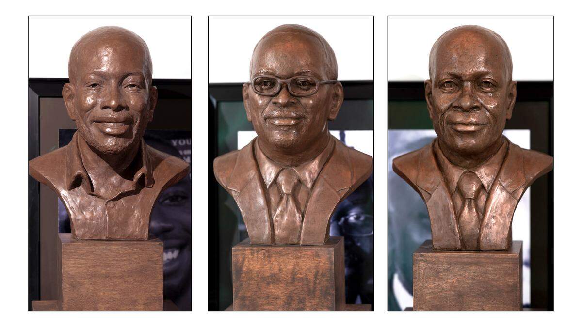 Allen University unveiled bronze memorials to the nine victims of the mass shooting at the Mother Emanuel A.M.E. church in Charleston. Three of the people who were killed were graduates of Allen University. From left, Tywanza Sanders, Clementa Pinckney and Daniel Simmons.