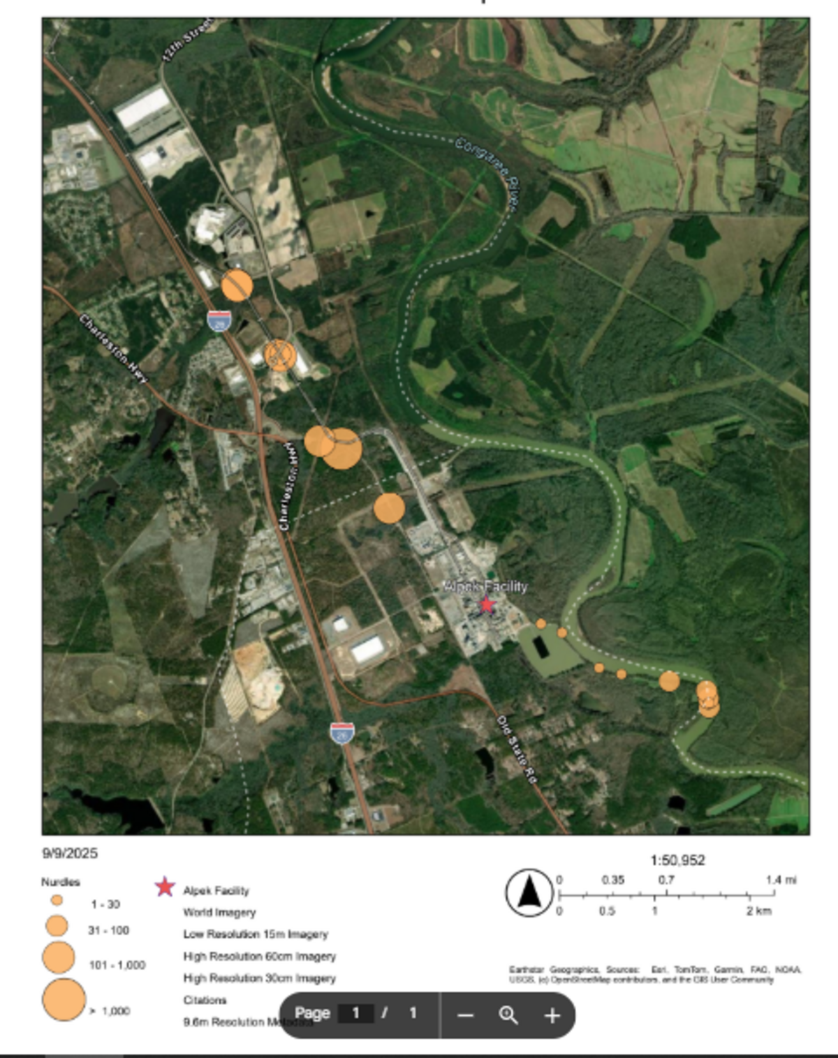 Map produced by environmentalists of the location of plastic pellets, called nurdles, found around the Alpek plastics plant in Calhoun County. Nurdles can be toxic to fish and people.