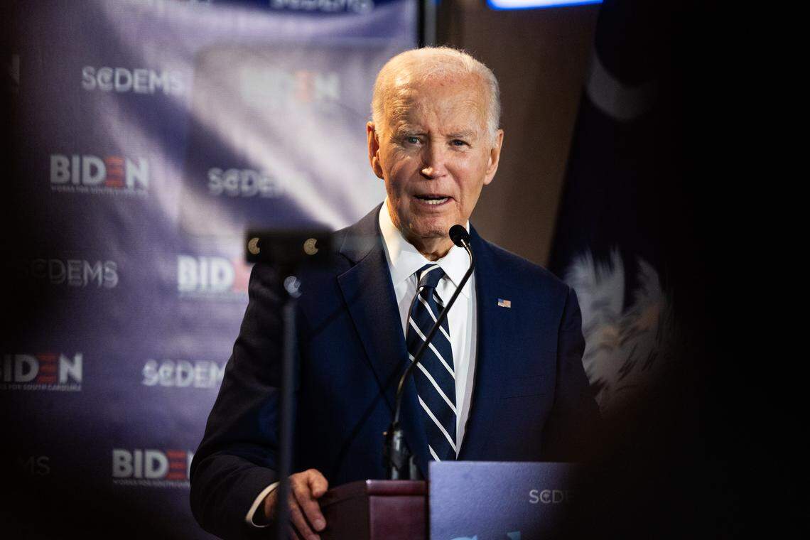 Former president Joe Biden speaks during a celebration hosted by the South Carolina Democratic Party at the Columbia Museum of Art on Friday, February 27, 2026.