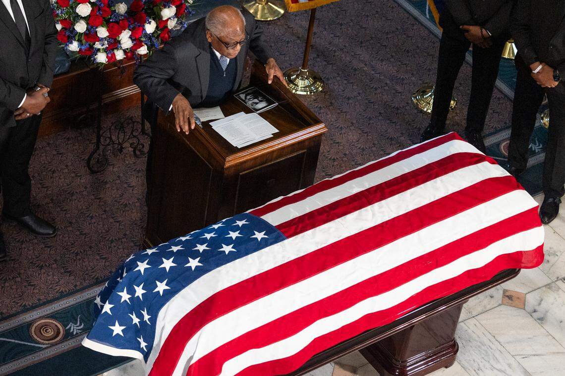 Rep. Jim Clyburn speaks directly to Rev. Jesse Jackson during his memorial service at the South Carolina State House on Monday, March 2, 2026.