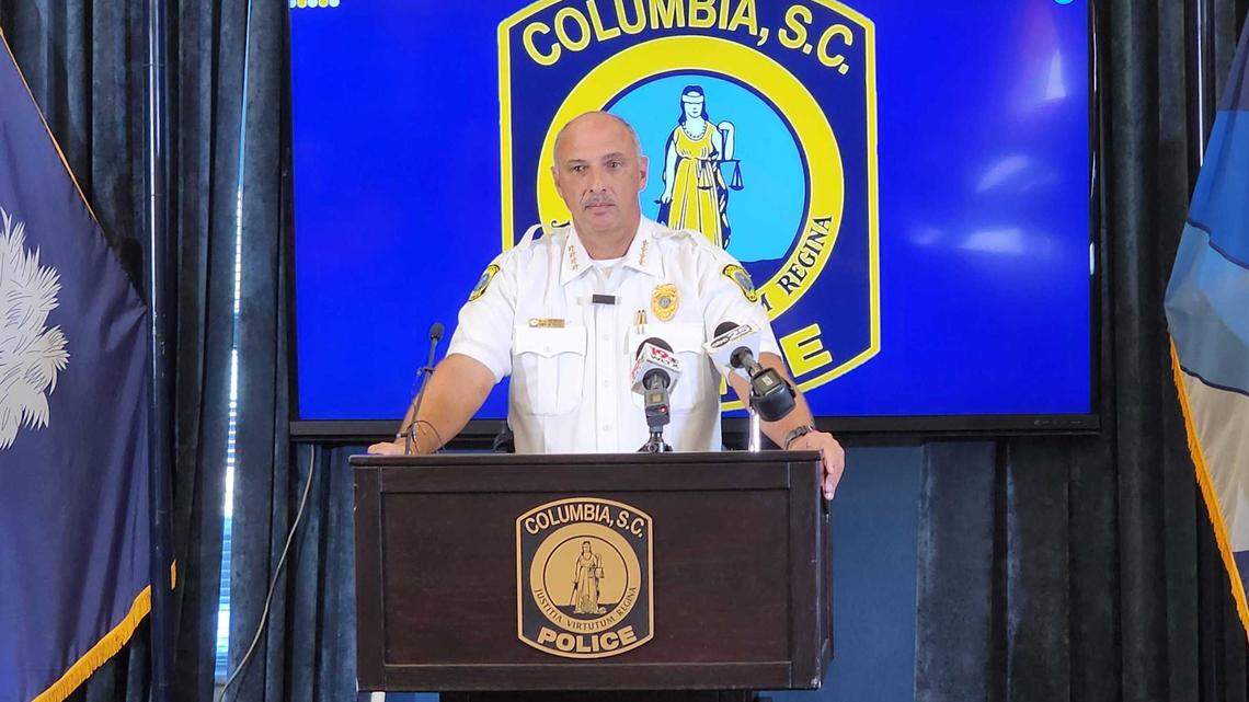 Columbia police Chief Skip Holbrook announced the arrests of two people in the shooting death of a Keenan High School student in June, on Wednesday, October 2, 2024.