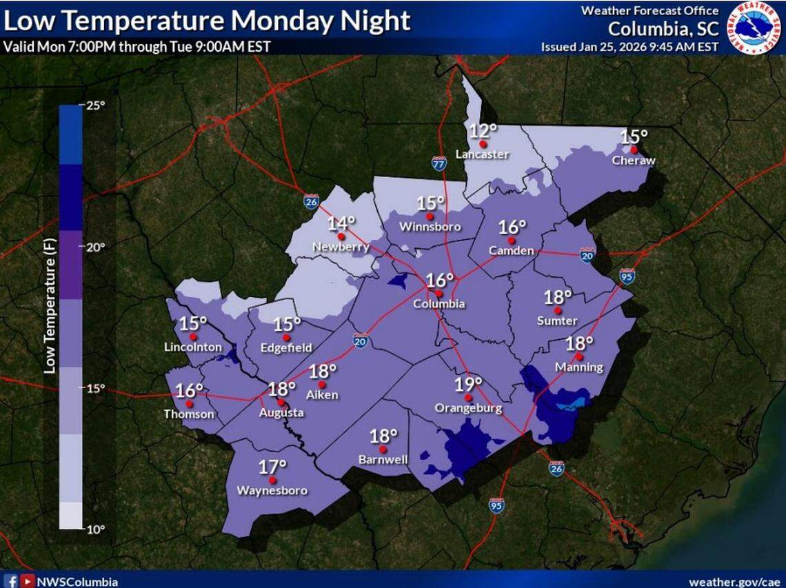 A look at potential overnight temperatures in the Midlands region of South Carolina.