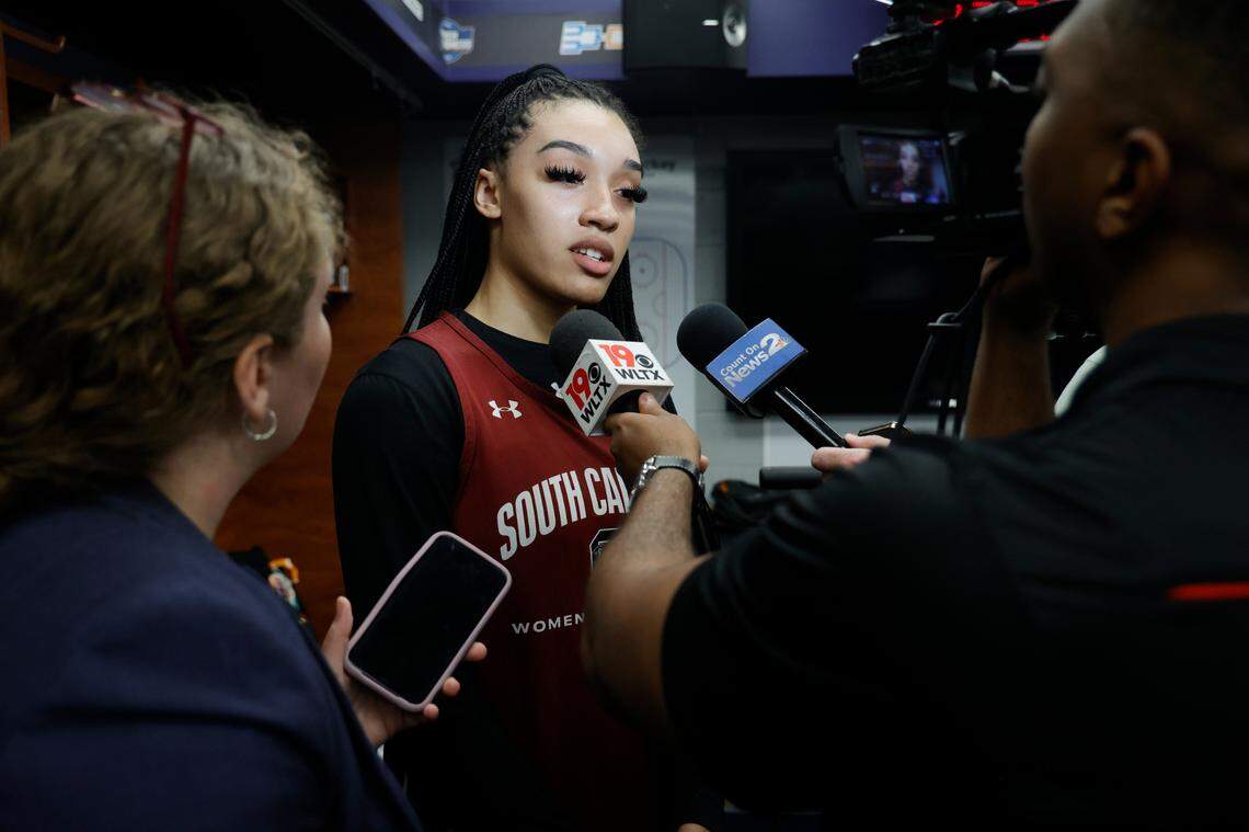 South Carolina answers questions from media at the Bon Secours Wellness Arena in Greenville, South Carolina on Sunday, March 26, 2023.