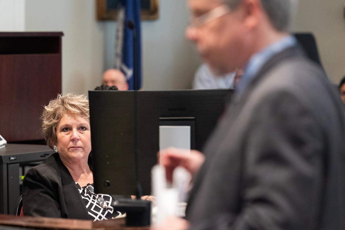 Colleton County Clerk of Court Rebecca Hill listens as Prosecutor Creighton Waters makes closing arguments in Alex Murdaugh’s trial for murder at the Colleton County Courthouse on Wednesday, March 1, 2023. Joshua Boucher/The State/Pool