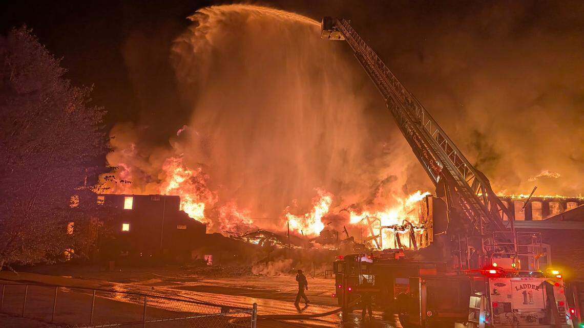 Fire crews fought a large fire at the former DeRoyal textiles building in Camden, SC on Sept. 20, 2025.