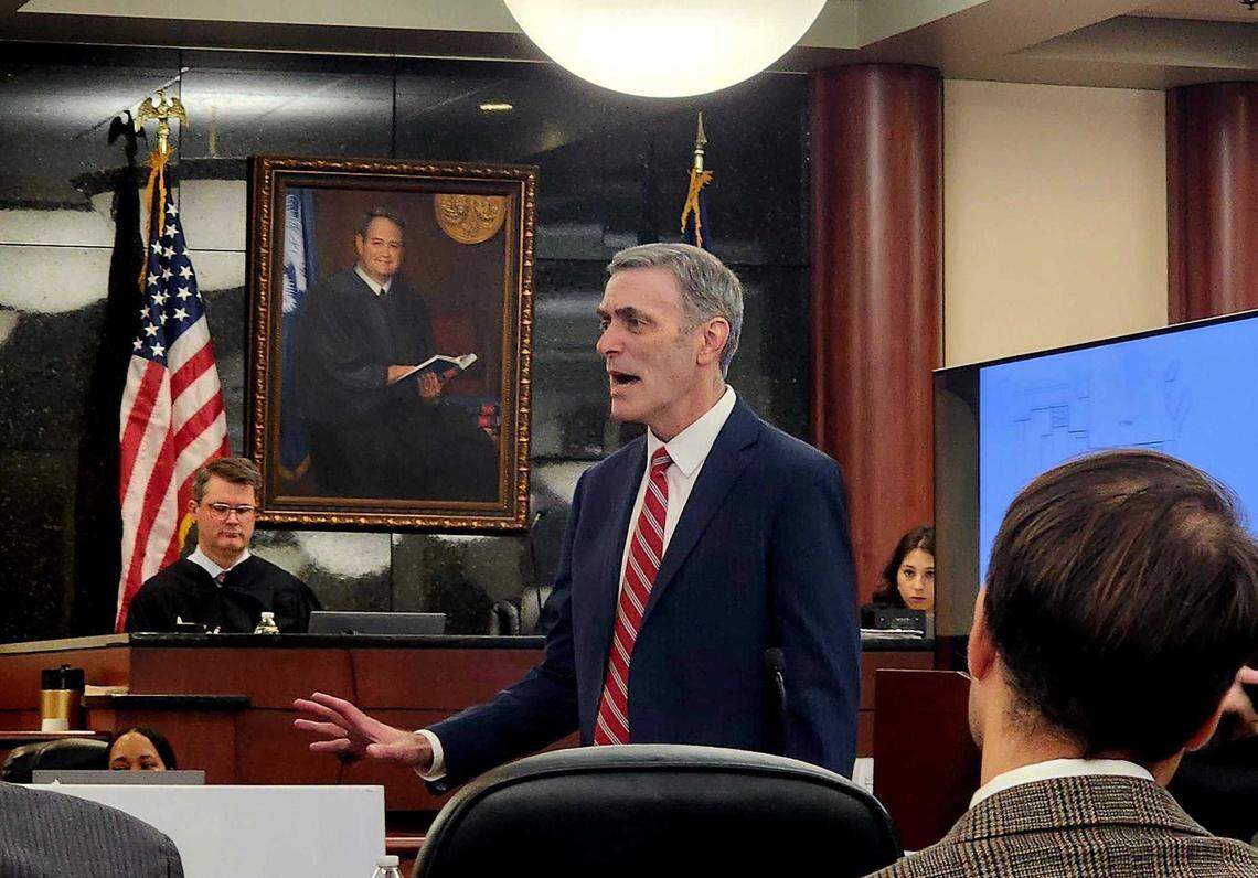 11th Circuit Solicitor Rick Hubbard delivers closing arguments before a Lexington County jury in the trial of Marquise Robinson on November 14, 2024.