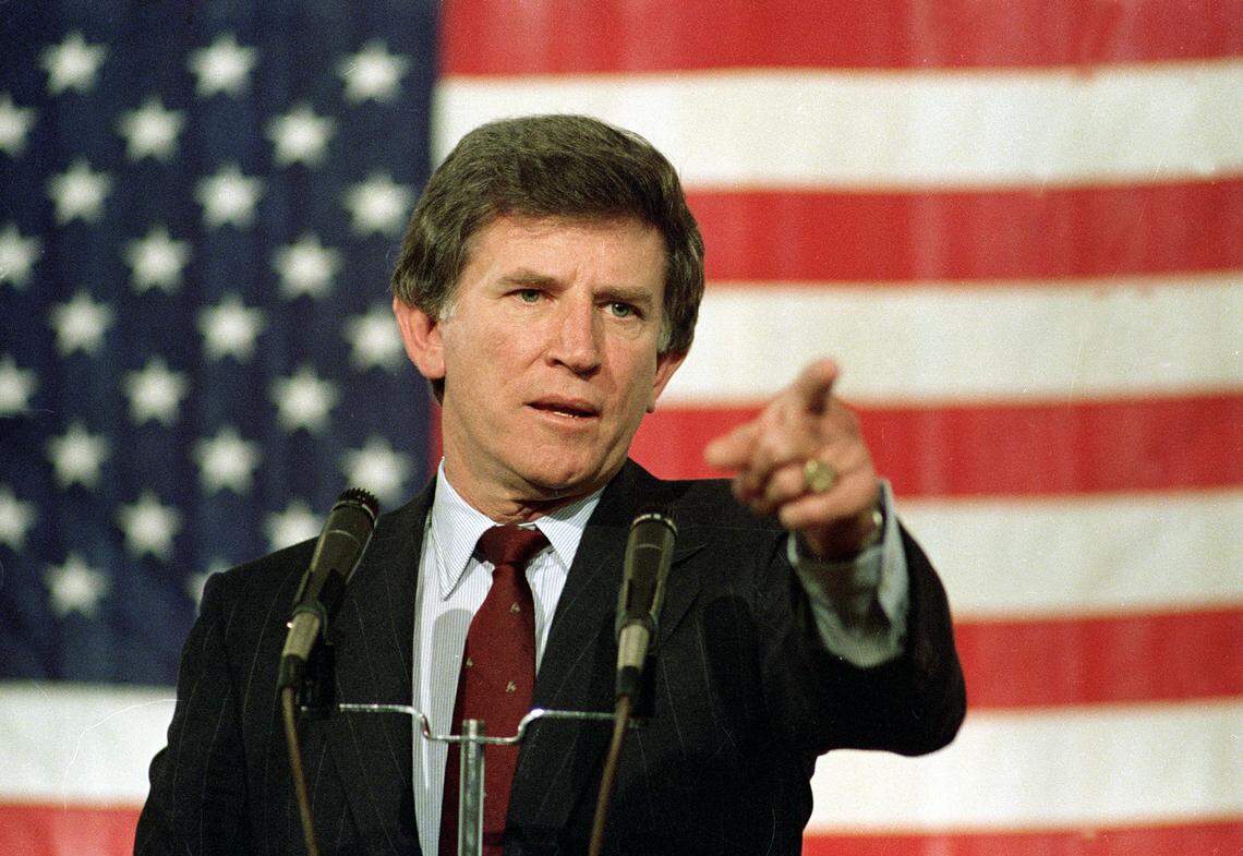 In this April 14, 1987, file photo, Democratic presidential hopeful Gary Hart fields a question during a news conference in Denver. The Gary Hart saga of 1987 is barely remembered by many, and seen largely as a sad political footnote, even an unfortunate joke. Makers of “Front Runner,” starring Hugh Jackman as the once-promising Colorado senator, argue that Hart’s story was hardly a joke but actually a watershed moment for American politics, journalism and culture, when politicians became celebrities and their private lives became public property. And, they say, it remains deeply relevant today.