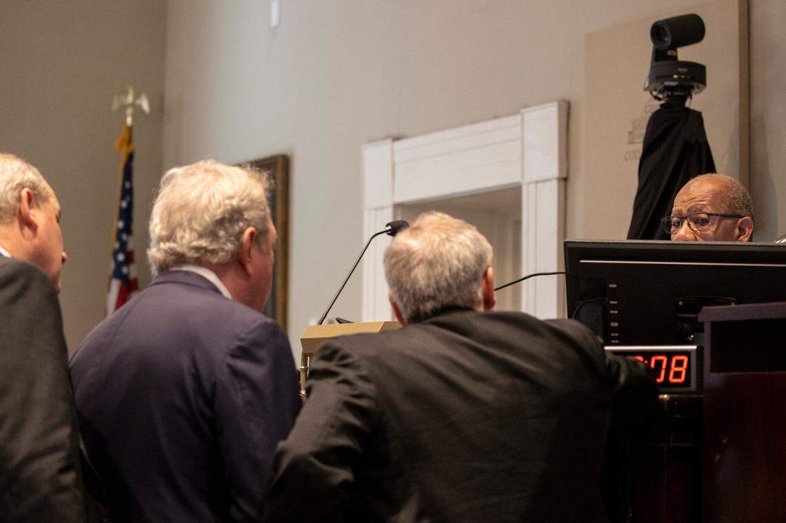 From left, Jim Griffin, Dick Harpootlian and Creighton Waters listen to Judge Clifton Newman during the Alex Murdaugh trial at the Colleton County Courthouse in Walterboro, Tuesday, Feb. 28, 2023. Andrew J. Whitaker/The Post and Courier/Pool
