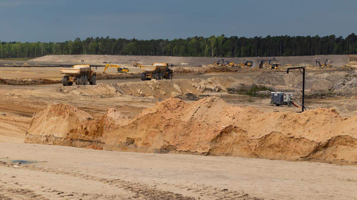 The Scout Motors manufacturing plant in Blythewood, South Carolina is under construction. The much coveted car factory will bring 4,000 jobs, but property needed for the plant has been stripped bare of trees and has suffered from erosion problems as wetlands and streams were filled. (photo taken Thursday, April 10, 2025.)