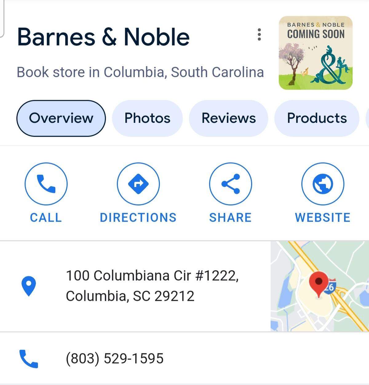 A screenshot from a Google listing teases a Barnes & Noble coming soon to 100 Columbiana Circle.