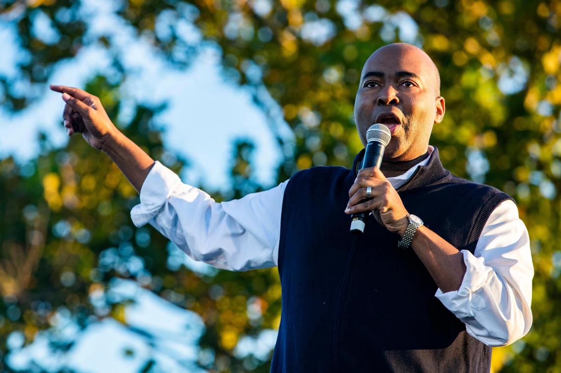 Jaime Harrison hosts a campaign rally in North Charleston, South Carolina, on Saturday, October 17, 2020. Supporters stayed in their cars and honked their horns in approval.