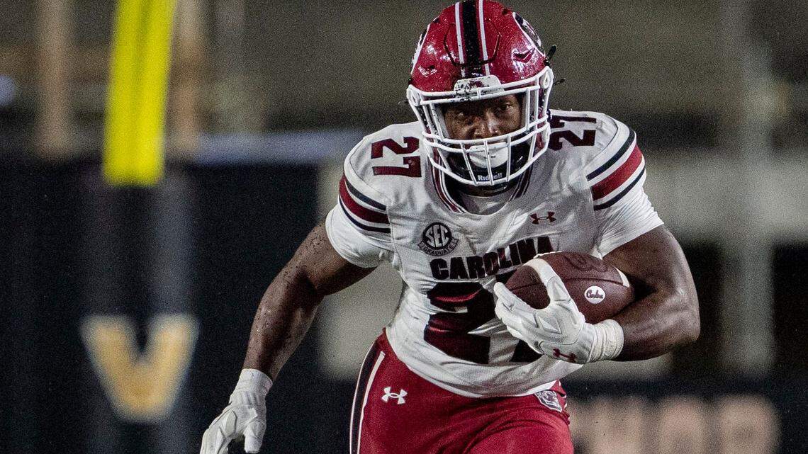 South Carolina Gamecocks running back Oscar Adaway III (27) runs against Vanderbilt Commodores’s defense during the second half at FirstBank Stadium in Nashville, Tenn., Saturday, Nov. 9, 2024.
