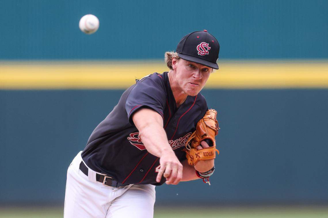 South Carolina pitcher Connor McCreery (47) pitches during the Gamecocks’ game against Kentucky at Founders Park in Columbia on Sunday, April 28, 2024.