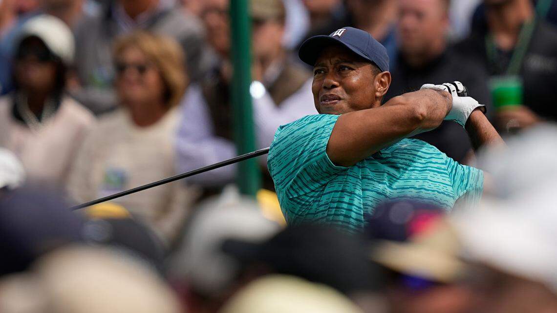 Tiger Woods tees off at the eighth hole during the second round at the Masters golf tournament on Friday, April 8, 2022, in Augusta, Ga. (AP Photo/David J. Phillip)