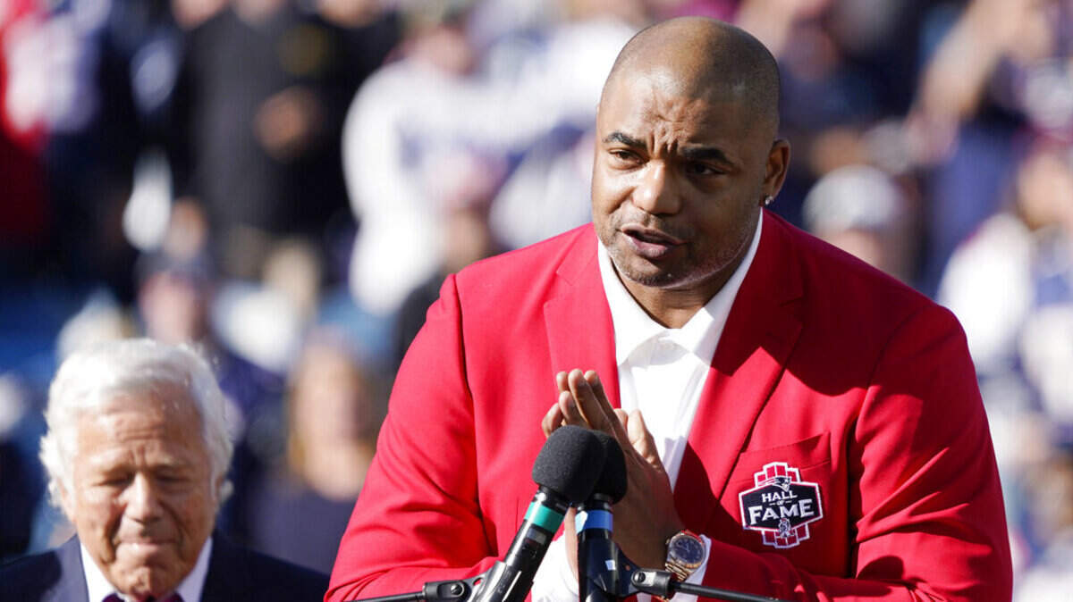 New England Patriots Hall of Fame defensive tackle Richard Seymour addresses fans during halftime of an NFL football game, Sunday, Oct. 24, 2021, in Foxborough, Mass.