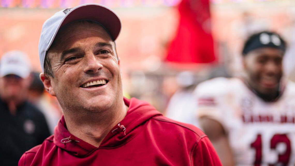 South Carolina head coach Shane Beamer smiles after defeating Clemson 31-30 in an NCAA college football game on Saturday, Nov. 26, 2022, in Clemson, S.C.