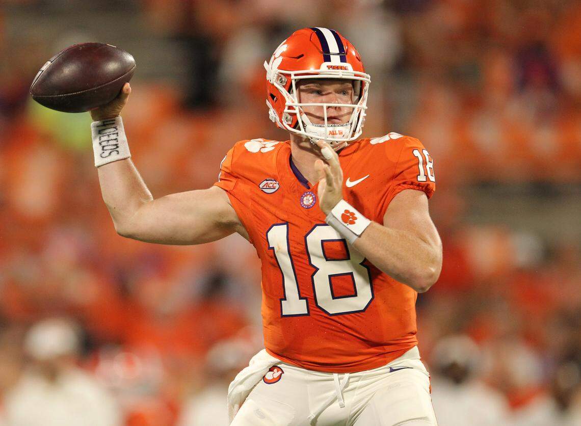 Clemson quarterback Hunter Helms (18) passes against Florida Atlantic during second-half action in Clemson, S.C. on Saturday, Sept. 16, 2023.