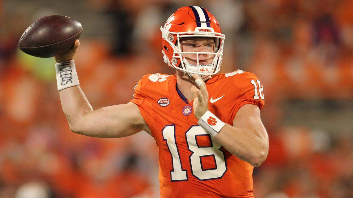 Clemson quarterback Hunter Helms (18) passes against Florida Atlantic during second-half action in Clemson, S.C. on Saturday, Sept. 16, 2023. (Travis Bell/SIDELINE CAROLINA)