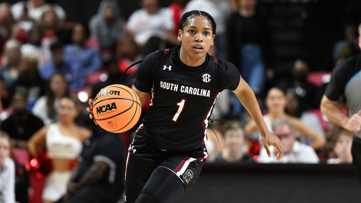 South Carolina’s Zia Cooke drives against Maryland in an NCAA college basketball game, Friday, Nov. 11, 2022, in College Park, Md. (AP Photo/Gail Burton)