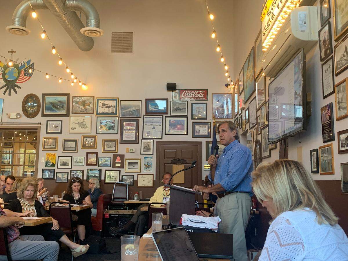 Lexington County GOP Chairman Mark Weber speaks at the party’s monthly meeting at the Flight Deck Restaurant in Lexington on Monday, Sept. 11, 2023.