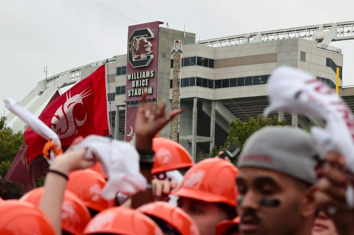 Students celebrate during the broadcast of ESPN College Gameday at Gamecock Park on Saturday, Sept. 14, 2024.