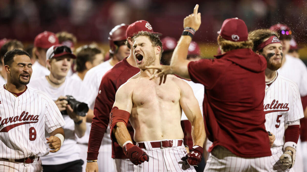 South Carolina outfielder Blake Jackson (6) celebrates after hitting a two-run home run in the 10th inning during the Gamecocks’ game against Kentucky at Founders Park in Columbia on Friday, April 26, 2024.