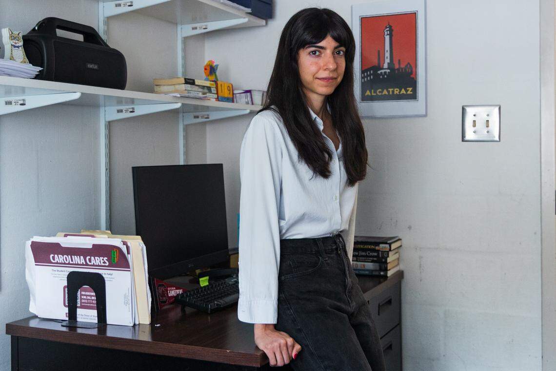 Christina Plakas, a criminology and criminal justice doctoral student at the University of South Carolina, stands in her office.