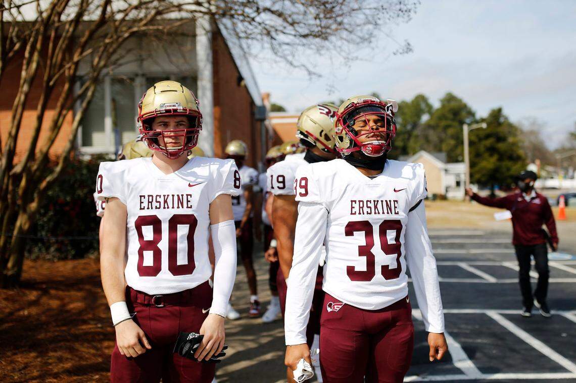 Erskine quarterback X’Avier Allen (39) and tight end Chance Guest (80) line up outside of the locker room before heading to the field Saturday for the game against the Barton Bulldogs.