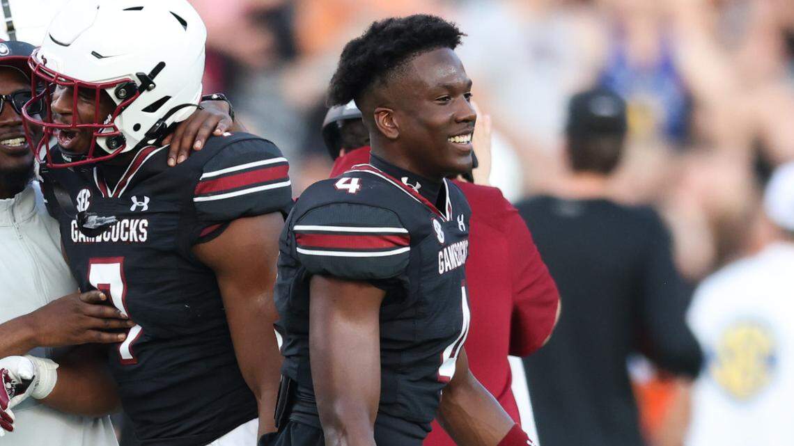 South Carolina defensive back Vicari Swain (4) laughs with teammates during the Gamecocks’ Garnet & Black game at Williams-Brice Stadium in Columbia on Saturday, April 20, 2024.