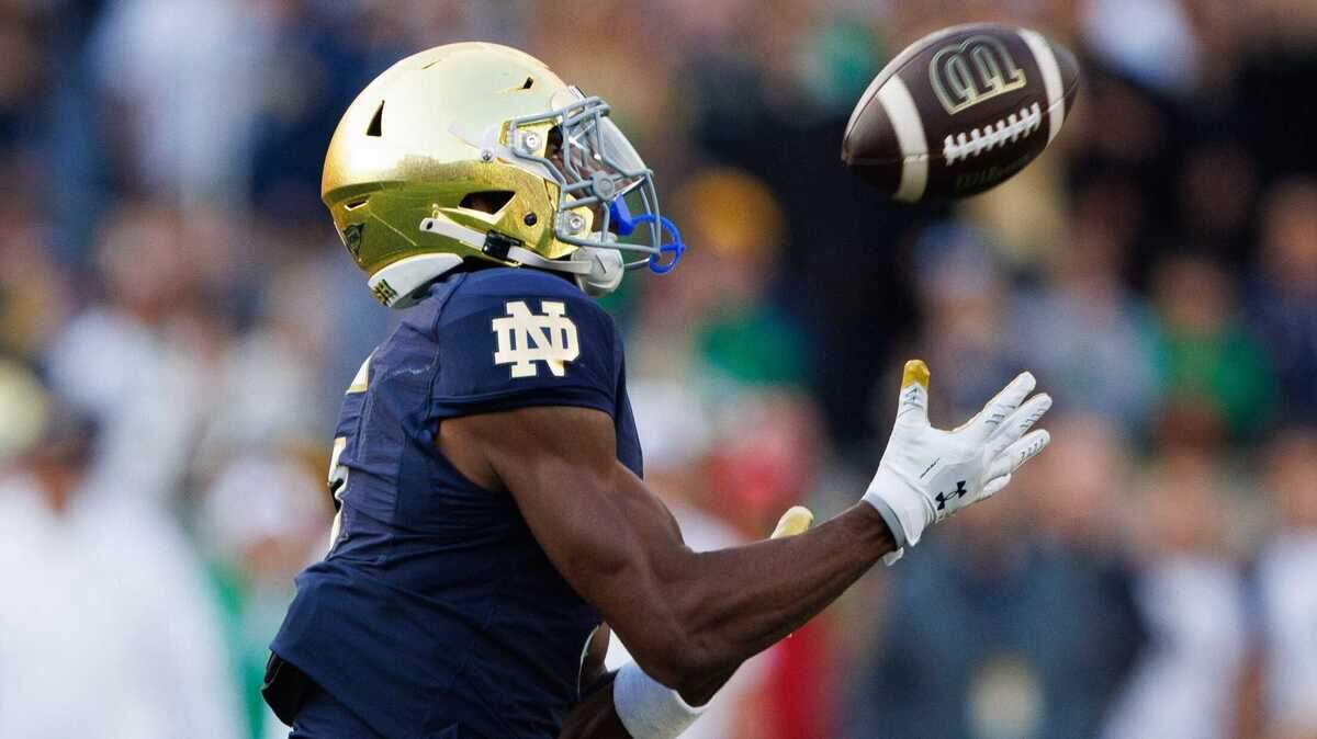 Notre Dame wide receiver Beaux Collins catches a pass during a NCAA college football game between Notre Dame and Stanford at Notre Dame Stadium on Saturday, Oct. 12, 2024, in South Bend.