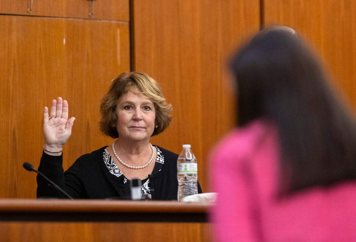 Colleton County Clerk of Court Rebecca Hill swears the oath before taking the stand during the Alex Murdaugh jury-tampering hearing at the Richland County Judicial Center on Monday, January 29, 2024 in Columbia, South Carolina. The hearing allegations against Colleton County Clerk of Court Rebecca “Becky” Hill ruled by former S.C. Chief Justice Jean Toal. Andrew J. Whitaker/The Post and Courier/Pool