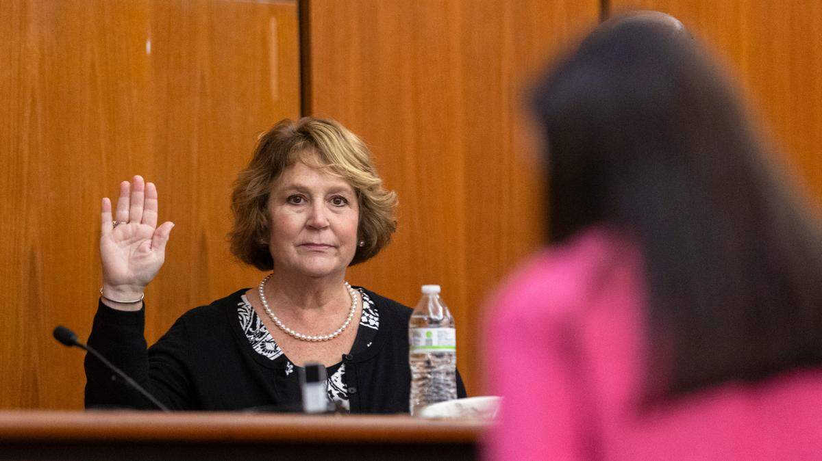 Colleton County Clerk of Court Rebecca Hill swears the oath before taking the stand during the Alex Murdaugh jury-tampering hearing at the Richland County Judicial Center on Monday, January 29, 2024 in Columbia. Andrew J. Whitaker/The Post and Courier/Pool