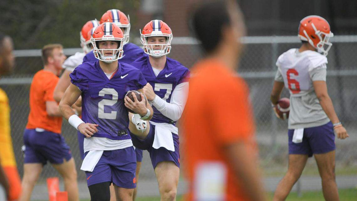 Clemson quarterback Cade Klubnik (2) and quarterbacks warm up during football team practice before the TaxSlayer Gator Bowl at Fernandina Beach High School in Jacksonville, Florida, Wednesday, December 27, 2023.