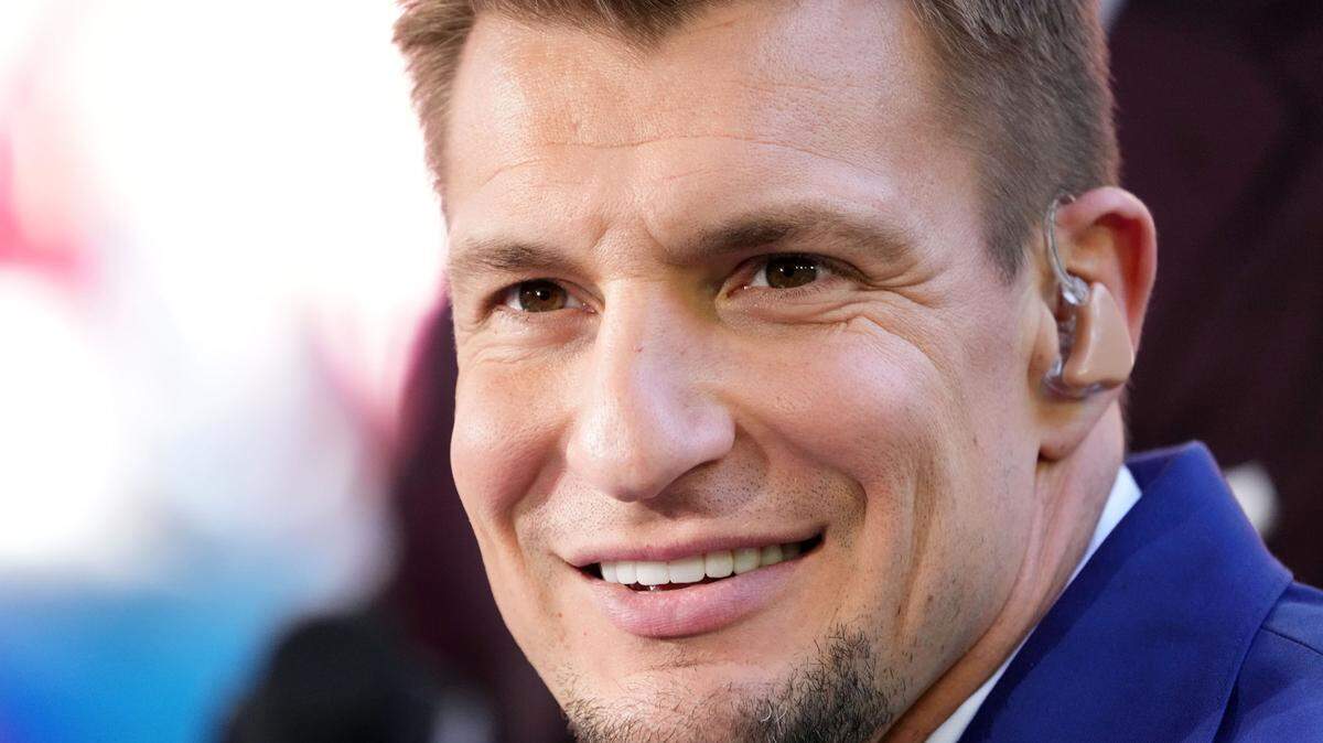 Feb 12, 2023; Glendale, Arizona, US; Former NFL player Rob Gronkowski speaks on FOX Sports before Super Bowl LVII between the Kansas City Chiefs and the Philadelphia Eagles at State Farm Stadium. Mandatory Credit: Joe Camporeale-USA TODAY Sports