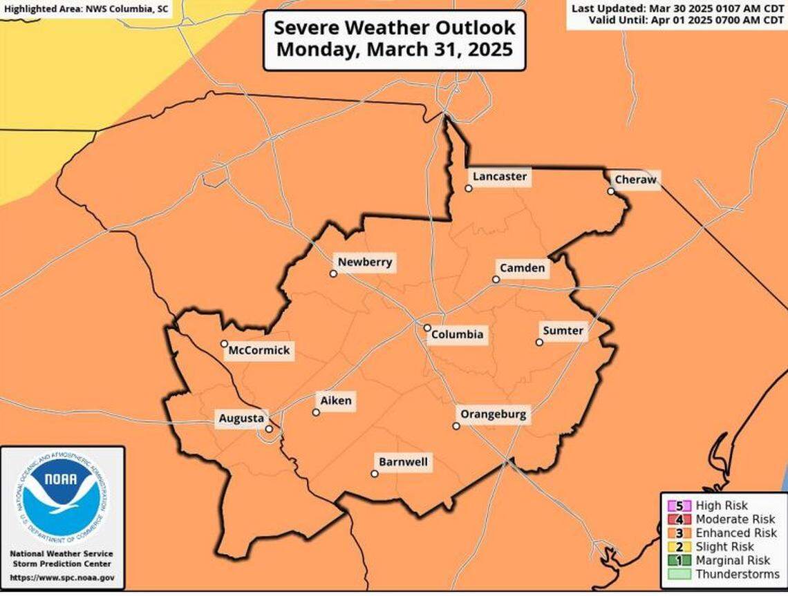 Severe weather is forecast to affect South Carolina, according to the National Weather Service.