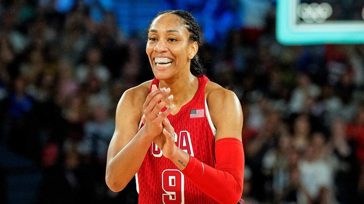 United States forward A’Ja Wilson (9) reacts after a play against Nigeria in the women’s basketball quarterfinals during the Paris 2024 Olympic Summer Games at Accor Arena.