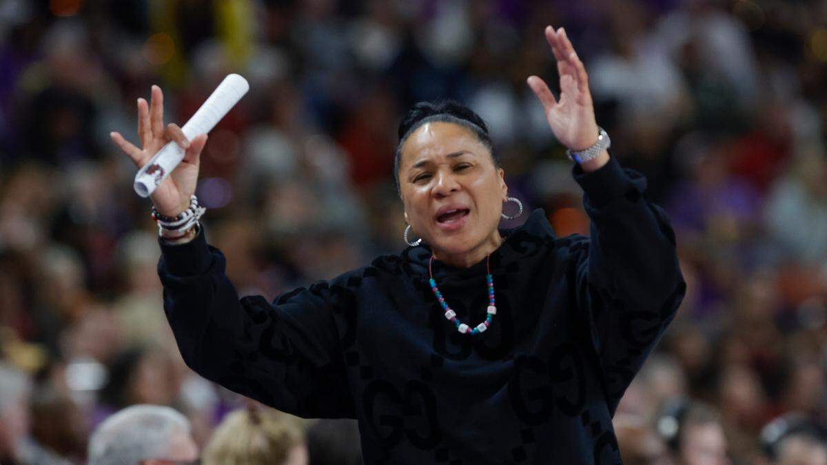 University of South Carolina Head Coach Dawn Staley reacts to a call during the first half of action in the SEC Tournament Championship game at Bon Secours Wellness Arena in Greenville on Sunday, Mar. 10, 2024.