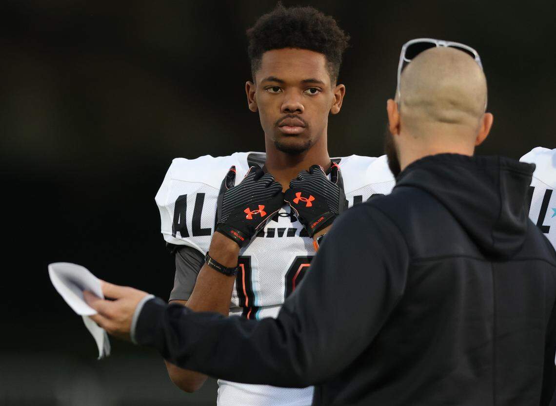 Bryant Wesco (19) practices for the Under Armour Next All-America Game at the ESPN Wide World of Sports in Kissimmee, Florida on December 30, 2023.