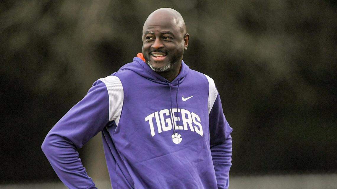 Clemson defensive ends coach Chris Rumph during Clemson football team practice before the TaxSlayer Gator Bowl at Fernandina Beach High School in Jacksonville, Florida, Wednesday, December 27, 2023.