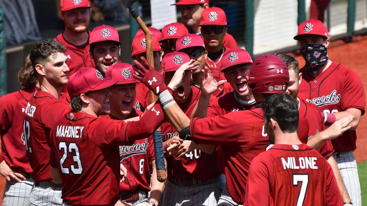 South Carolina celebrates George Callil’s home run during the game Saturdayagainst Georgia at Foley Field in Athens.