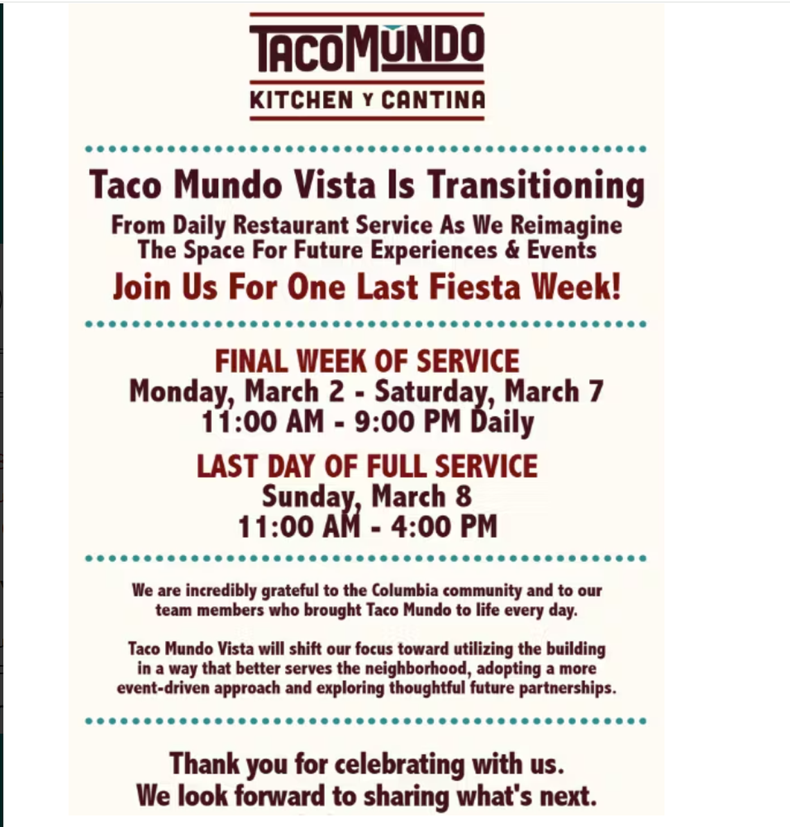 A notice on Taco Mundo’s website about its Columbia Vista location.