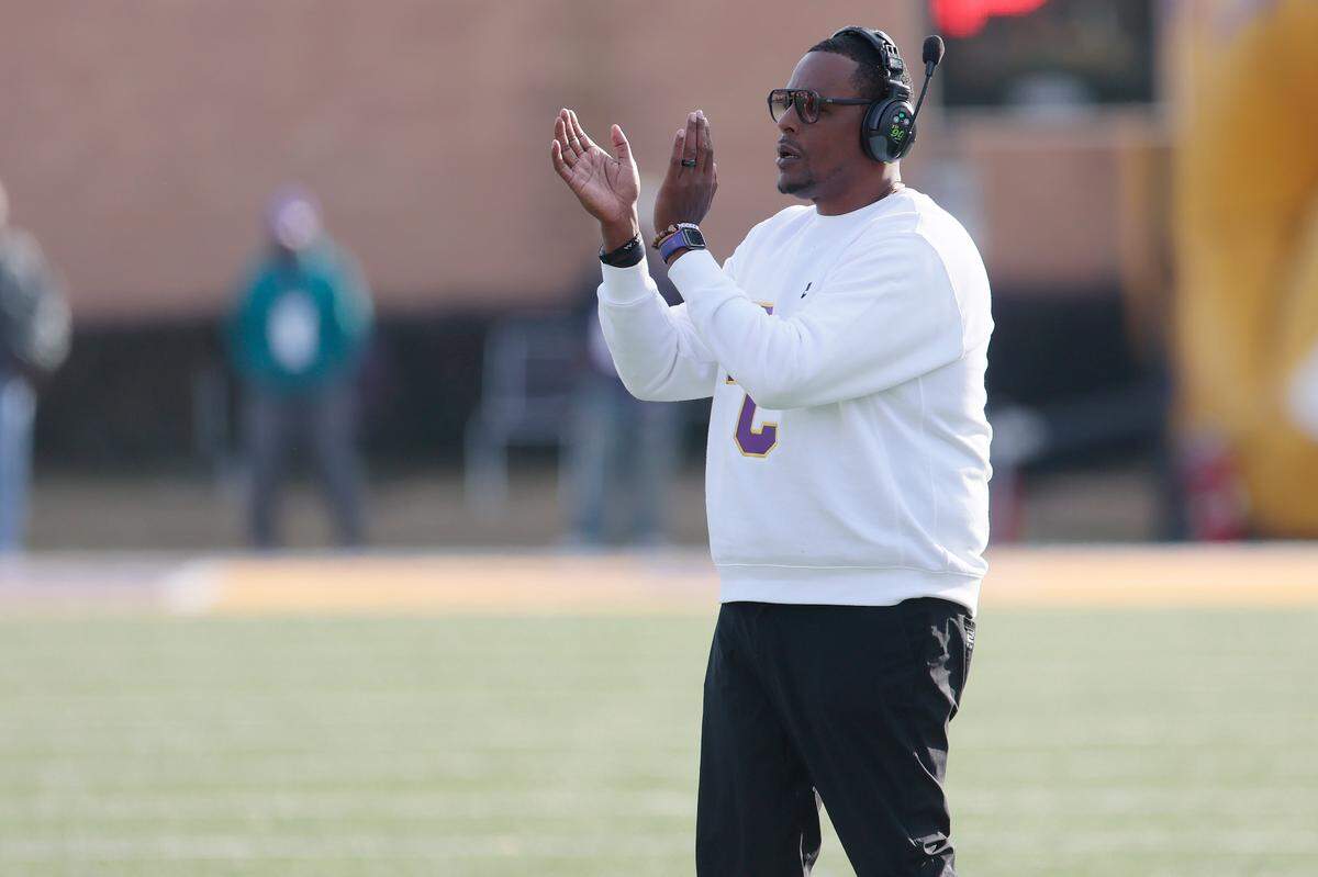 Benedict Head Football Coach Chennis Berry coaches his team as they play against Lenoir-Rhyne in Columbia, South Carolina on Saturday, November 25, 2023.